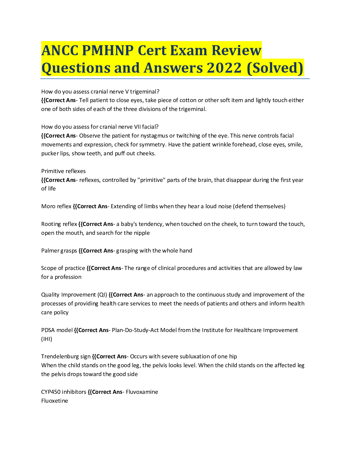 Preview of ANCC PMHNP Cert Exam Review Questions and Answers 2022 (Solved)
